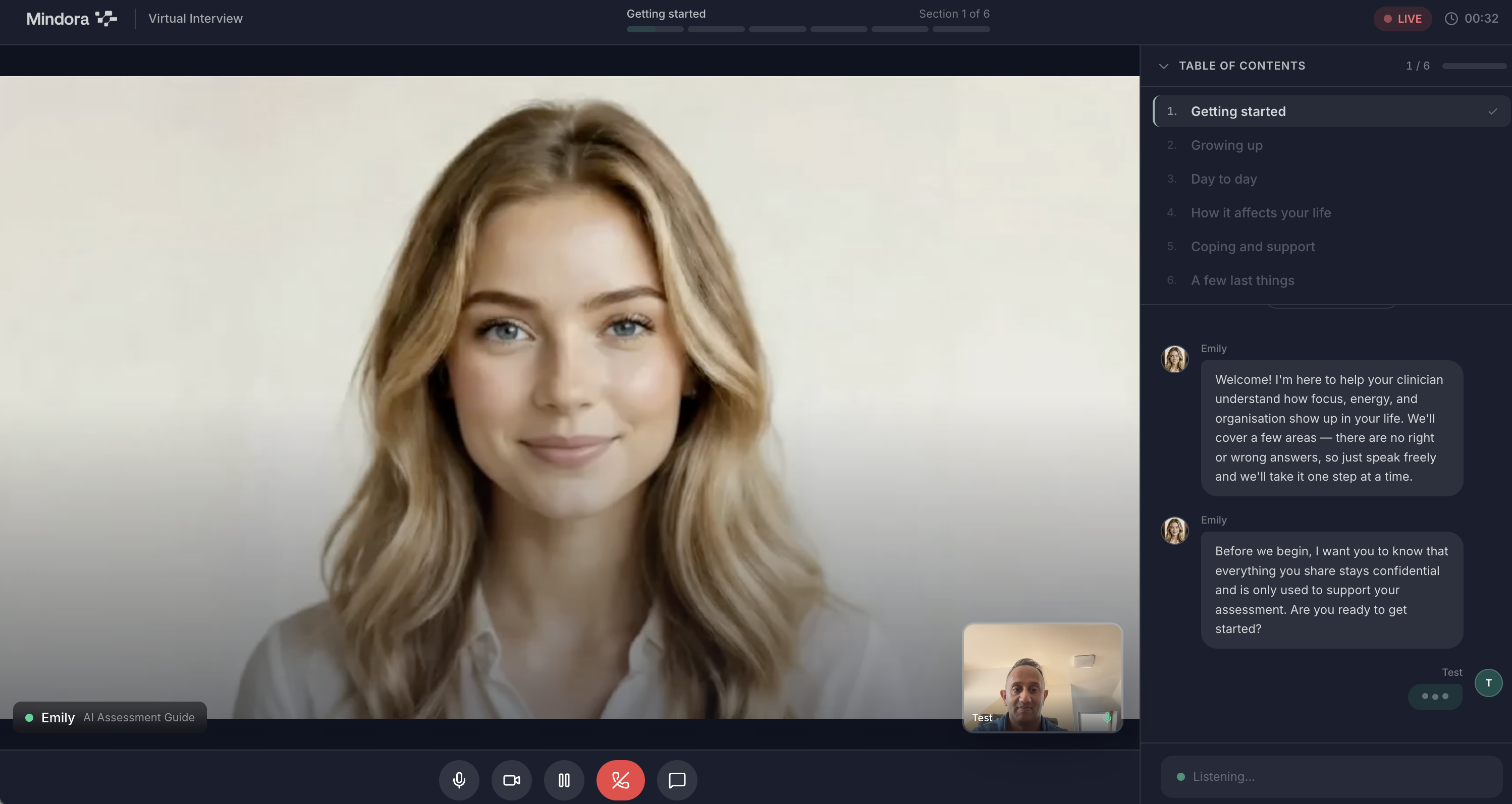 Mindora virtual interview with Emily, showing conversation prompts and interview sections