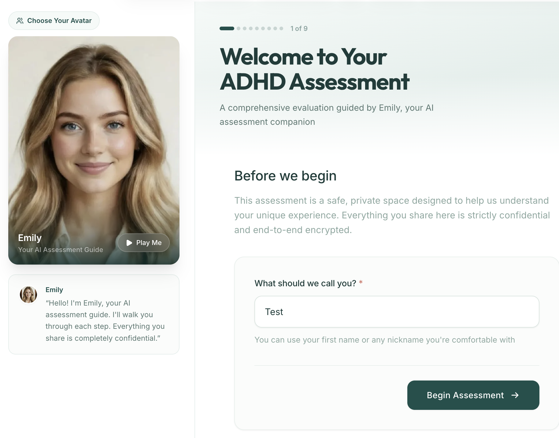 The Mindora assessment welcome screen with Emily, the AI assessment guide