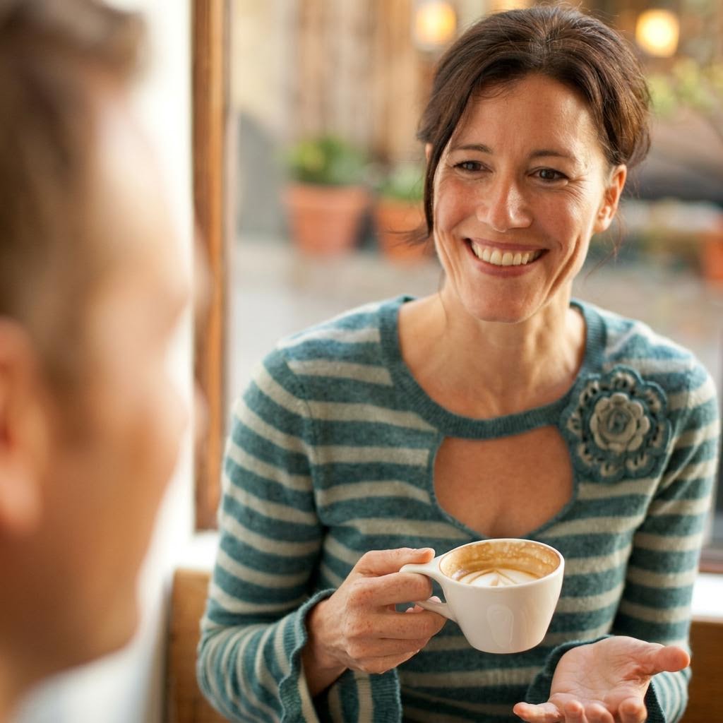 A woman smiling over coffee during a supportive conversation