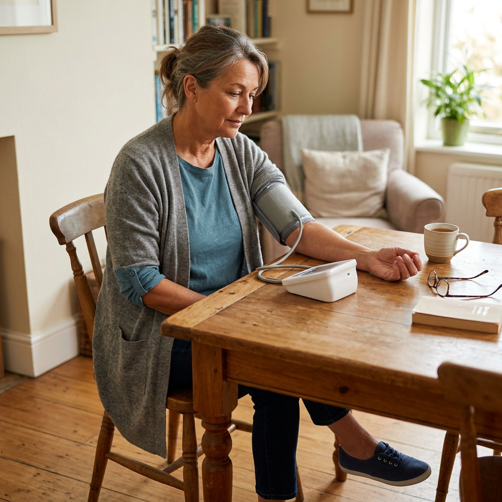 Illustration of a woman checking her blood pressure at home